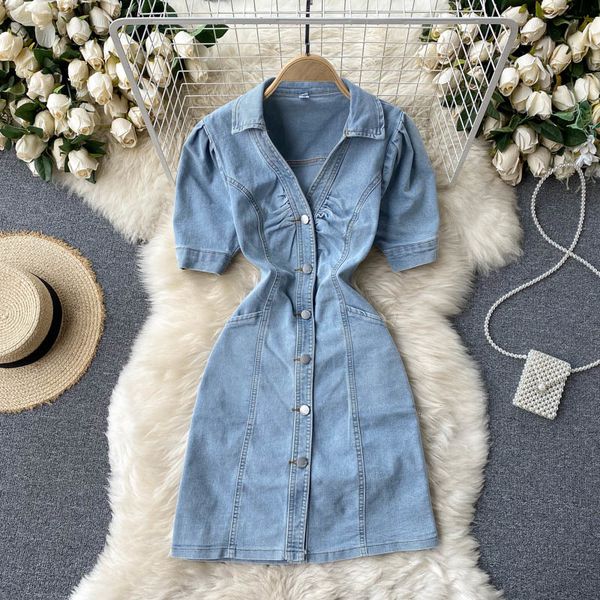 

two piece dress new chic denim women's short sleeve summer mini es 2021 fashion v-neck single breasted hollow out back jeans r2o6, White