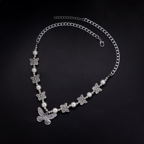

chains vintage butterfly pendant necklace for women punk goth gothic fashion statement pearl chain choker jewelry accessories, Silver