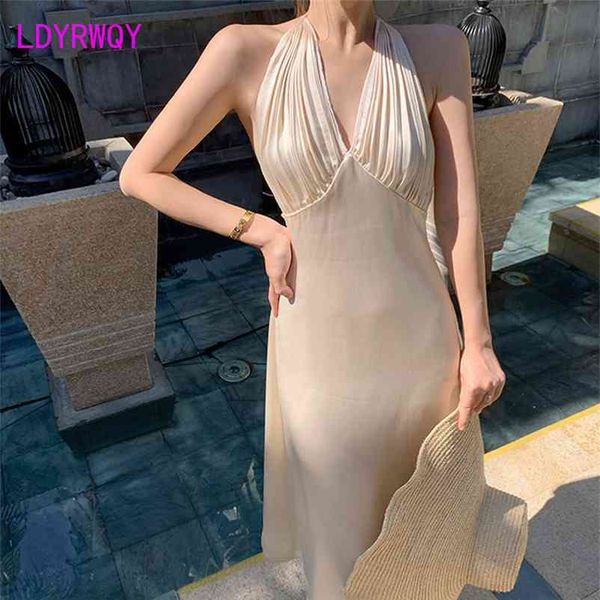 

ldyrwqy temperament v-neck halterneck dress french halter waist polyester knee-length zipper office lady 210603, Black;gray