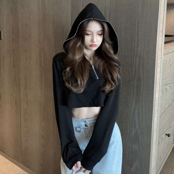 

spring fashion sweater loose short high waist design hooded women's wear, Black