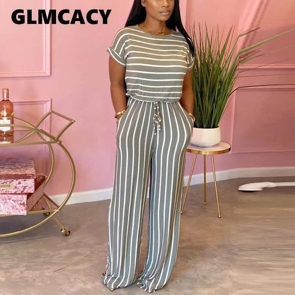 

gym clothing women causal striped short sleeve jumpsuit plus size loose fit summer long pants daily overalls comfy, White;black