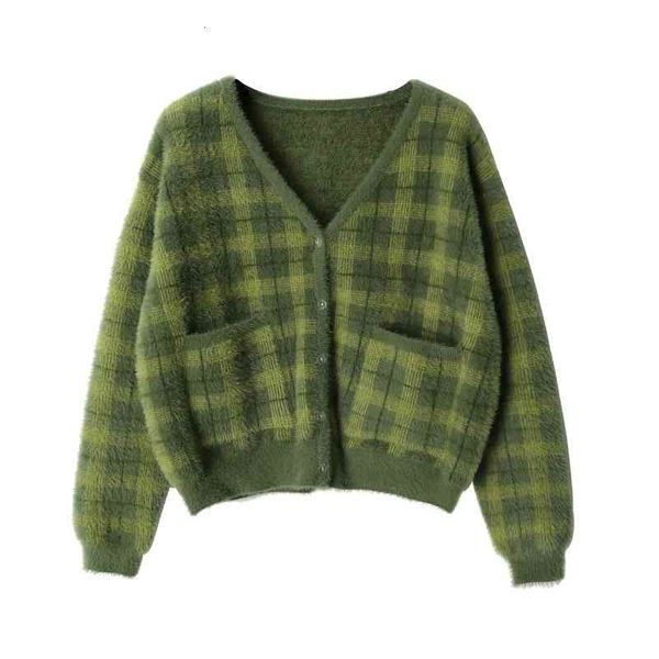 

green harajuku fuzzy plaid cardigan with front button women cropped sweater / 201127, White;black