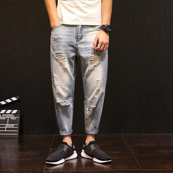 

men's jeans leosoxs men loose bleached hole ripped cuffs casual solid denim ankle-length pants distressed washed f91w, Blue
