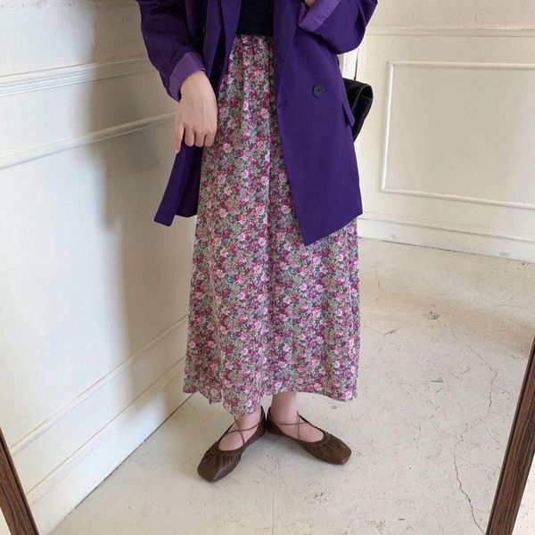 

women 2021 retro purple florals skirt high waist chic sweet a-line all match print streetwear vintage thin medium length skirts, Black