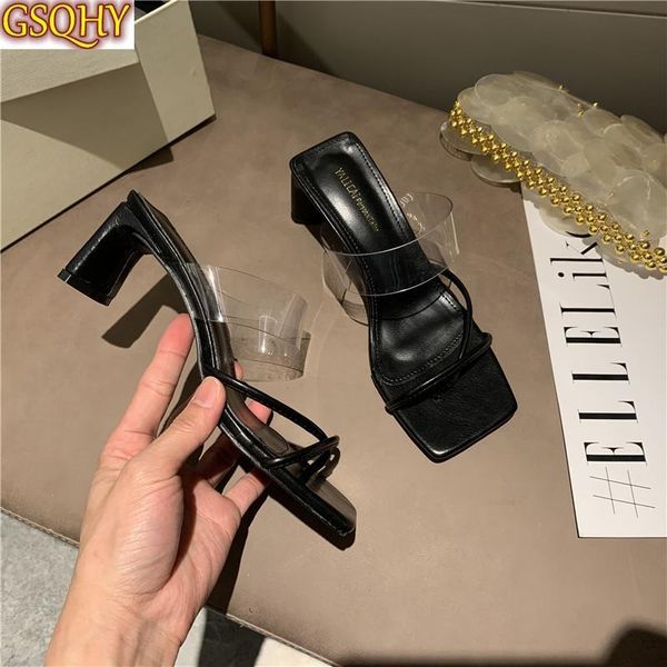 

summer fashion transparent pvc strap womens slippers casual narrow band square toe sandals beach slides low heel shoes, Black