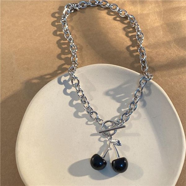

pendant necklaces black cherry clavicle chain niche design full body titanium steel necklace female hip-hop personality sweet cool sweater, Silver
