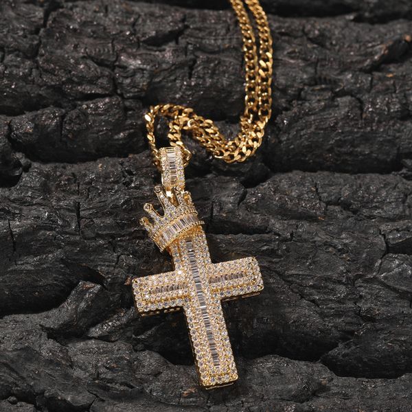 

men hip hop style cubic zirconia micro pave cross and crown pendant necklace, Silver