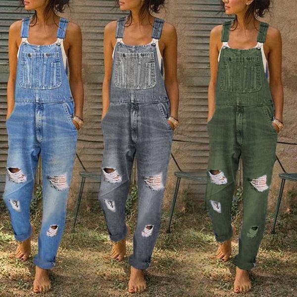 

women's jeans work clothes slim jumpsuit 2021 spring and autumn suspenders trousers fashion trend casual ripped pants, Blue