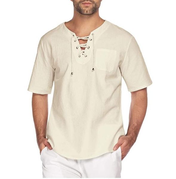 

men's t-shirts 2021 flax linen cotton t shirt lace up simple solid short sleeves men plain loose baggy fit tees v neck for 5xl 6xl, White;black