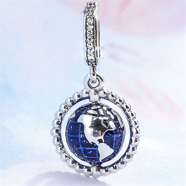 100% argento sterling 925 ciondolo globo rotante smaltato blu branello di fascino adatto per braccialetti con ciondoli gioielli stile Pandora europeo