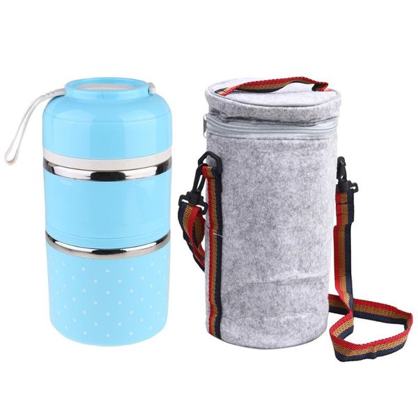 

dinnerware sets double layer stainless steel lunch case portable container for students staff use with storage bag (1.8l, blue)