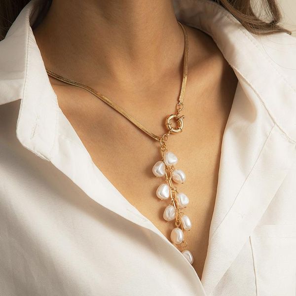 

chains fashion imitation pearl geometric pendants necklaces for women vintage gold metal snake chain necklace charm trend jewelry, Silver