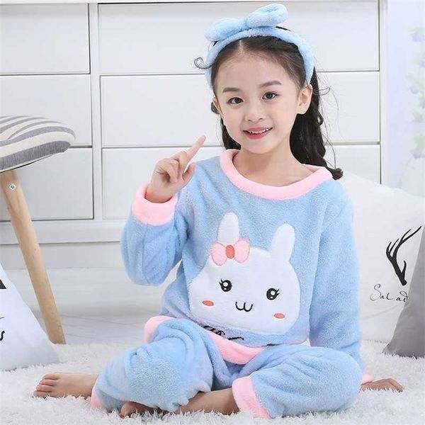 Kalın Flanel Pijama Çocuklar Için Set Homewear Sıcak Çocuklar Kız Pijama Loungewear Mercan Polar 3-12T Öğrenciler Eşofman Geceleri 211130