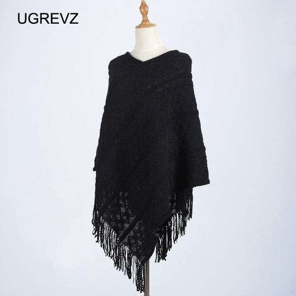 

women's sweaters ugrevz 2021 fashion women knitted winter warm sweater long-sleeve tassel fringe shawl poncho jackets coats oversized, White;black