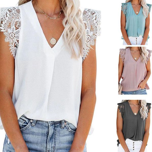 

women's t-shirt summer fashion casual lace stitching sleeveless v-neck solid color loose white shirt ropa plus size mujer
