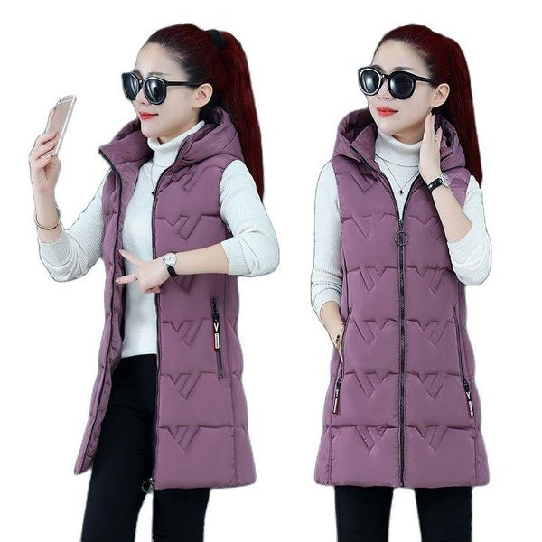 

women's vests down cotton vest coat 2021 autumn winter mid-length solid color zipper hooded casual waistcoat ladies jacket, Black;white