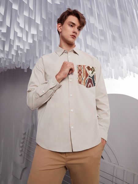 

men peking opera print patched pocket shirt o49d#, White;black
