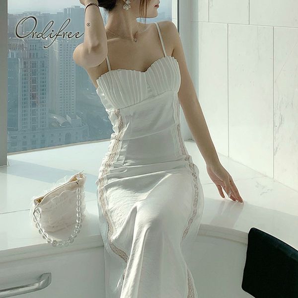 Летние женщины белый сатин спагетти ремешок Shell Sexy без рукавов Silk Maxi Slip Dress 210415