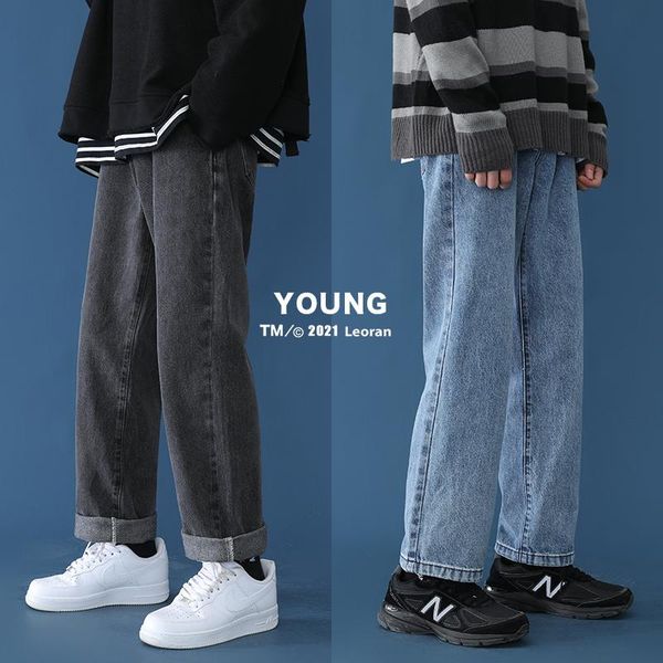 

autumn men's jeans straight casual mans korean collage hip hop woman couple denim pants, Blue