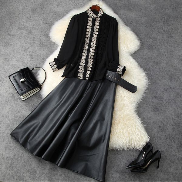 

two piece dress fall winter long sleeve stand collar black chiffon embroidery blouse + belted mid-calf pu skirt suits 2 s set ln2211626 12x8, White
