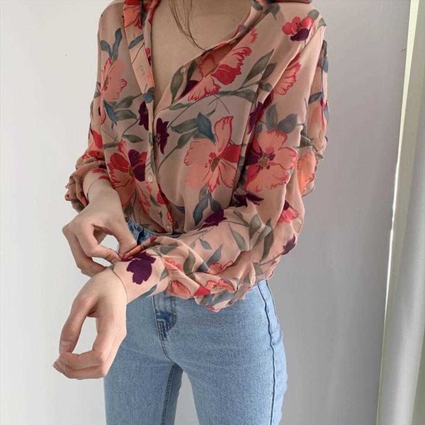 

turn down collar long sleeve womens shirt leaf floral print chiffon office blouse clothing ropa mujer, White