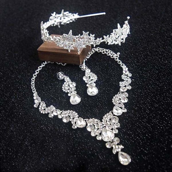 

jewelry set bridal three piece wedding crown headdress necklace earring set wedding jewelry accessories, Slivery;golden