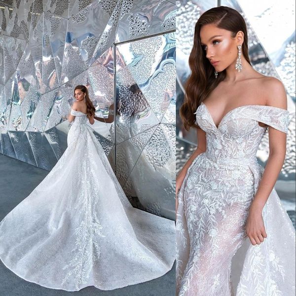 

2021 bling luxury mermaid wedding dresses bridal gowns off shoulder illusion lace appliqued sequined beads overskirts detachable train champ, White