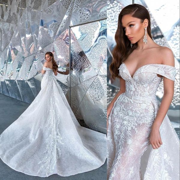 2021 Abiti da sposa a sirena di lusso Bling Abiti da sposa con spalle scoperte Illusion Pizzo Appliqued Perline con paillettes Overskirts Treno staccabile Champagne Plus Size