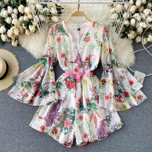 

singreiny women french print rompers design flared sleeve v neck rompers spring casual vacation beach wide leg short jumpsuits 210419, Black;white