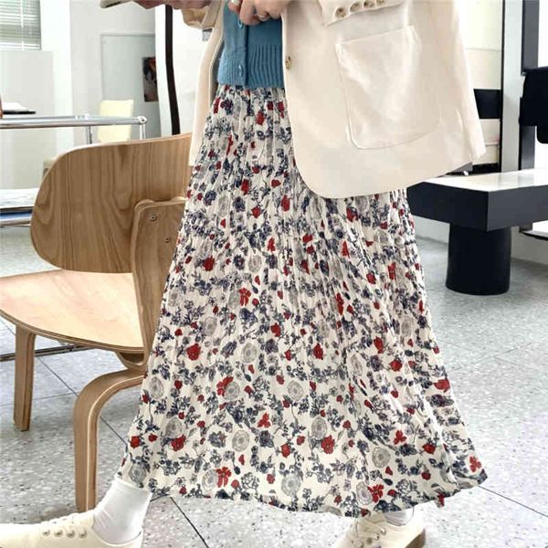 

flowers gentle vintage all match ol pleated elegance retro printed high street women florals waist long skirts 210421, Black
