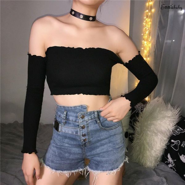 

off shoulder casual long sleeve women t shirts summer fashion solid sexy, White