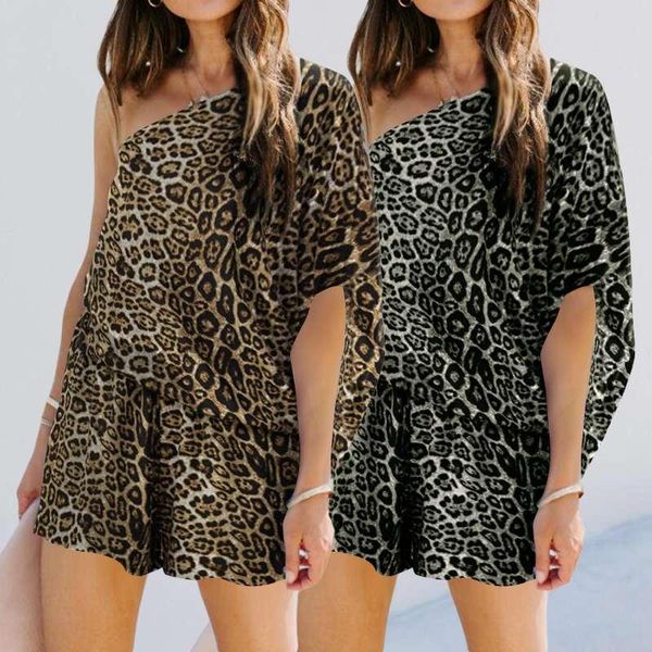

women's jumpsuits & rompers celmia women one shoulder summer short loose casual leopard print beach playsuits plus size overall mujer, Black;white