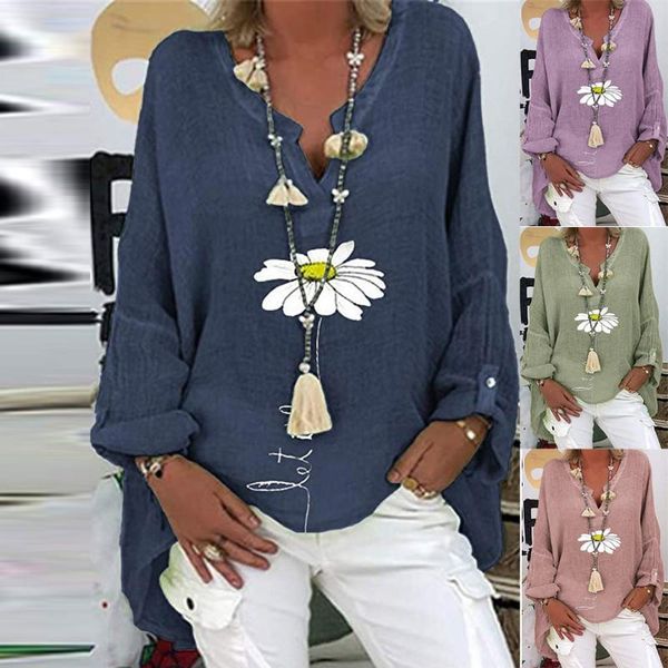 

women's blouses & shirts 2021 plus size blouse spring and summer v-neck cotton linen printed shirt, White