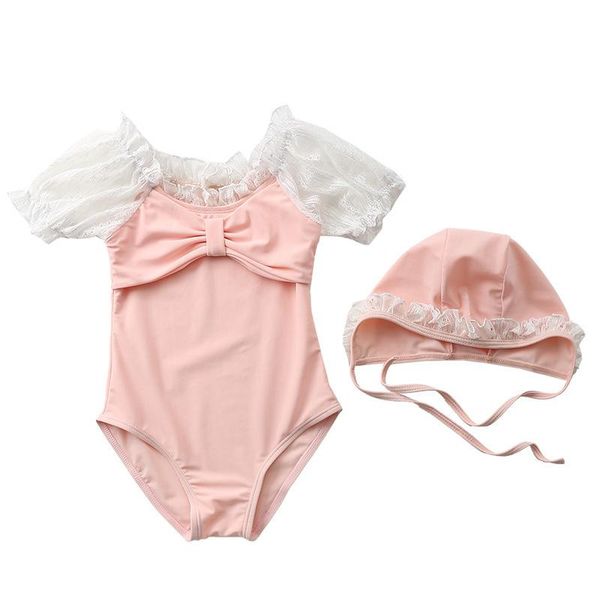 

one-pieces baby swimsuit girls swimwear one piece with cap lace sleeve infant bikini children swimming suit bathing clothes girl beach wear, Black