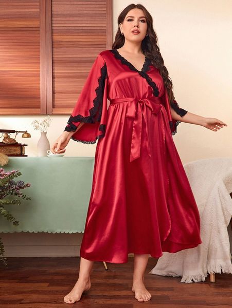 

plus bell sleeve contrast lace detail belted nightdress 67vd#, Black;white