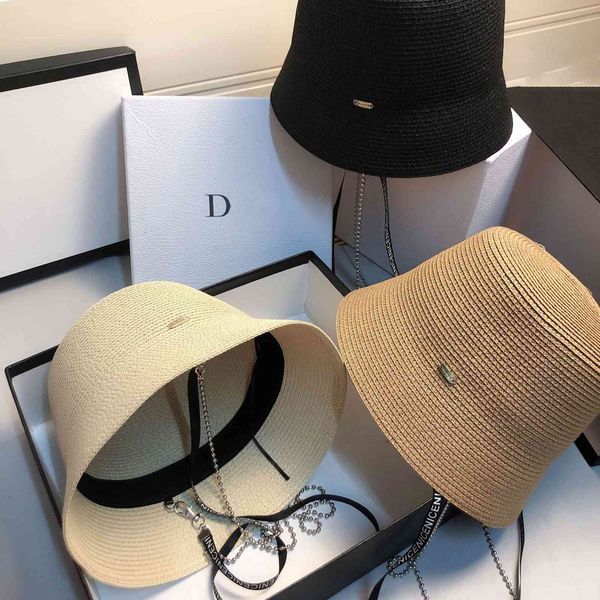 

net red straw bucket hat summer outdoor sunscreen fisherman's hat designer fashion chain letter band, Blue;gray