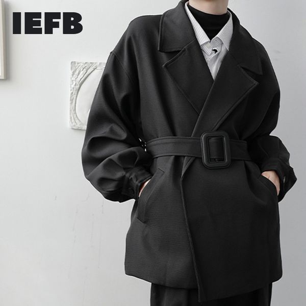 

iefb /men's wear buckle short style windbreaker coat spring notched collar long sleeve big size trench with belt 210524, Tan;black