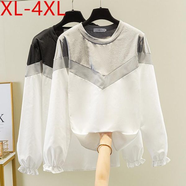 

plus size t-shirt missfansiqi spring autumn women o neck flare long sleeve patchwork large loose casual tees xl 2xl 3xl 4xl, Black