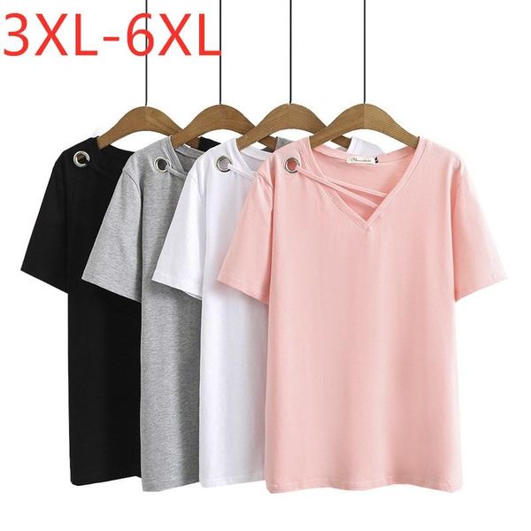 

women's t-shirt 2021 ladies summer plus size for women large short sleeve loose cotton pink white hole v-neck 3xl 4xl 5xl 6xl