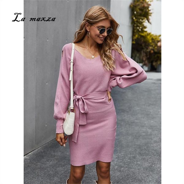 

casual dresses ol slim women mini dress 2021 autumn knitted fashion elegant lantern sleeves sashes, Black;gray