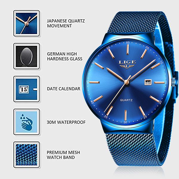 

lige 2019 new mens watches luxury brand man fashion blue quartz wrist watch sport waterproof watch for men relogio masculino, Silver