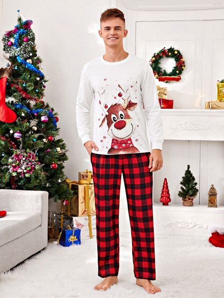 

men christmas reindeer and gingham print pajama set 76uq#, Black;brown