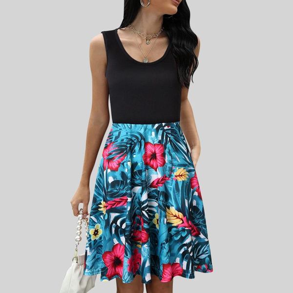 

casual dresses women elegant summer dress for clothing 2021 bohe sundress sleeveless round neck flower prints a-line midi, Black;gray