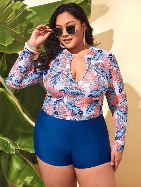 

plus tropical print zip front bikini swimsuit j4uk#, Black