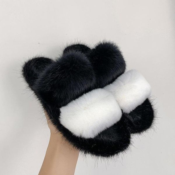 

winter women hair mixed colors slippers femael indoor non-slip big size women's warm plush fur, Black