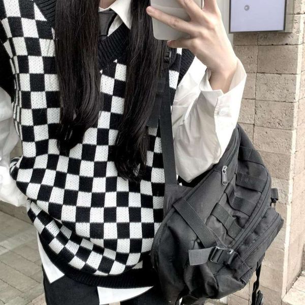 

plus size loose checkerboard knitted vest for women in autumn winter, White