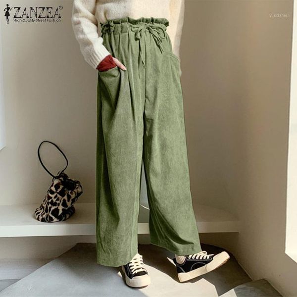 

women's pants & capris vintage corduroy women's spring wide leg ruffle elastic waist pantalon palazzo plus size drawstring turnip, Black;white