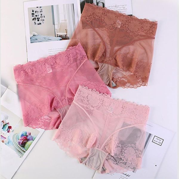 

women's panties lace french seamless ultra-thin mesh hollow ice silk girl cotton crotch high waist floral briefs, Black;pink