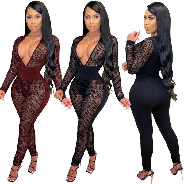 

women's jumpsuits & rompers charming party lady est sparkling sequined mesh patchwork deep v neck long sleeves skinny nightclub, Black;white