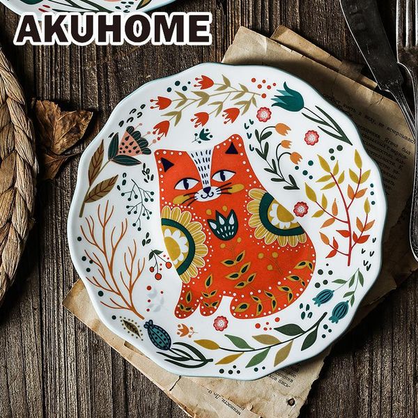 

dishes & plates ceramic plate 8 inch round creative carton cat household tableware dinner dessert tray flower